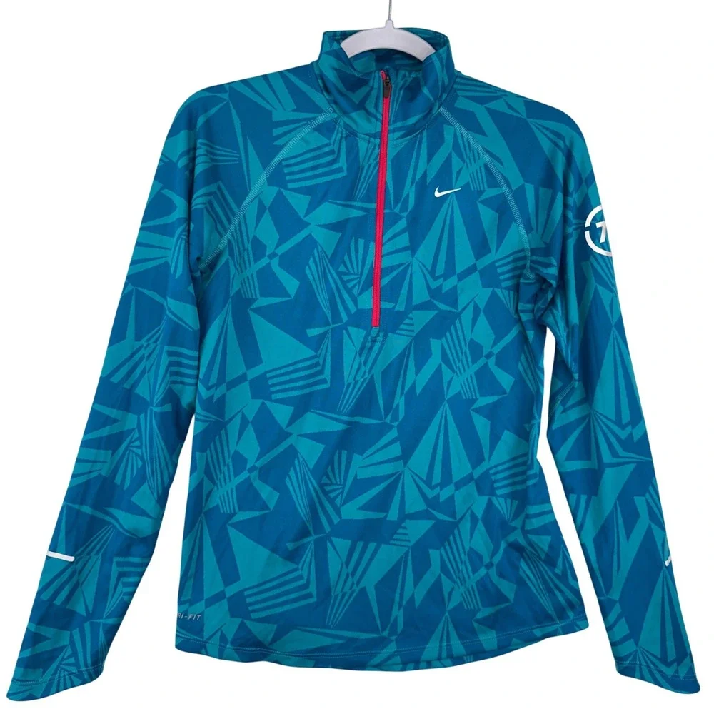 Nike Womens Dri-FIT‎ Running Half-Zip Pullover Teal Geometric Shard Size M